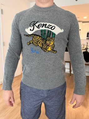 Kenzo Grey Crewneck Sweater with Embroidered Tiger